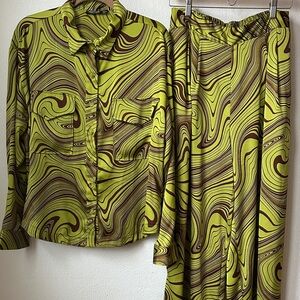 Nasty Gal Lime Green and Brown Swirl Blouse & Pant Matching Set Size 8